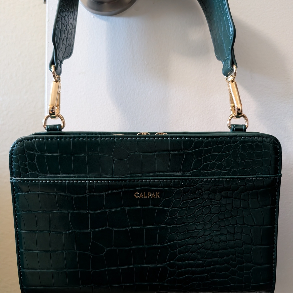 Calpak Dark Green Croc-Embossed Shoulder Bag